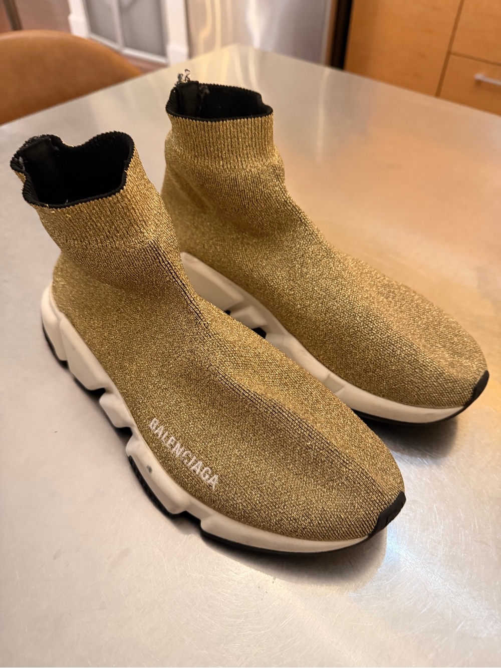 Balenciaga Gold Knit Sock Sneakers with White Sole